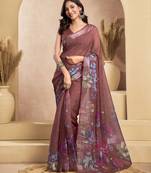 Brown linen floral motifs printed ready to wear saree
