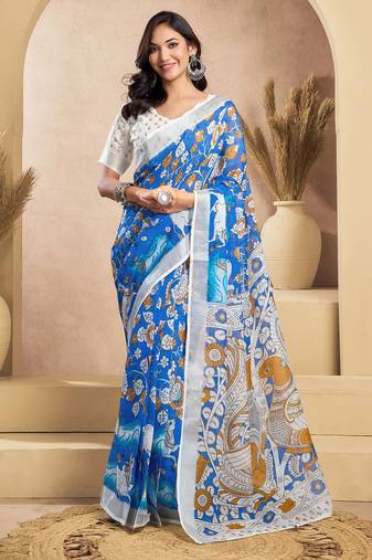 Blue & white linen kalamkari printed ready to wear saree