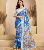 Blue & white linen kalamkari printed ready to wear saree