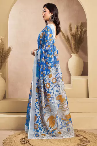 Blue & white linen kalamkari printed ready to wear saree
