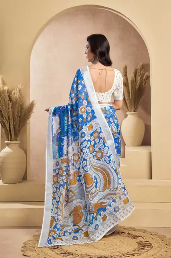 Blue & white linen kalamkari printed ready to wear saree