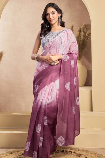 Wine & white linen bandhani printed ready to wear saree