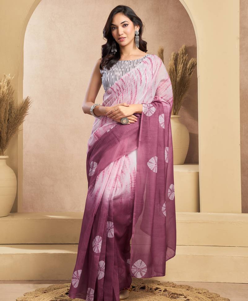 Wine & white linen bandhani printed ready to wear saree