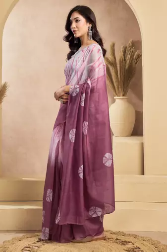 Wine & white linen bandhani printed ready to wear saree