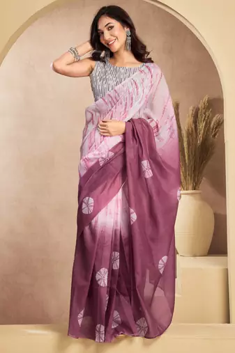 Wine & white linen bandhani printed ready to wear saree