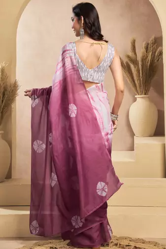 Wine & white linen bandhani printed ready to wear saree