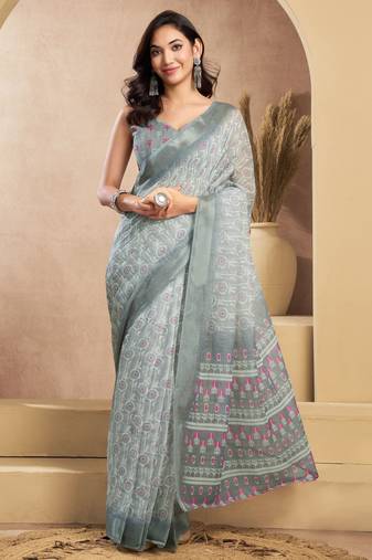 Grey linen geomatric printed ready to wear saree