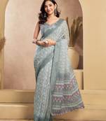 Grey linen geomatric printed ready to wear saree