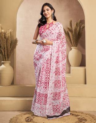 Pink & white linen abstract printed ready to wear saree 1