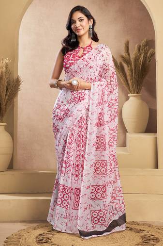 Pink & white linen abstract printed ready to wear saree