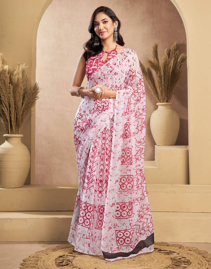 Pink & white linen abstract printed ready to wear saree