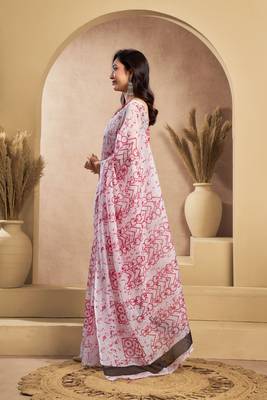 Pink & white linen abstract printed ready to wear saree 2