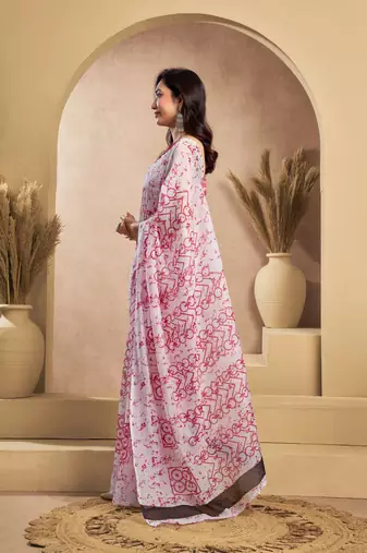 Pink & white linen abstract printed ready to wear saree