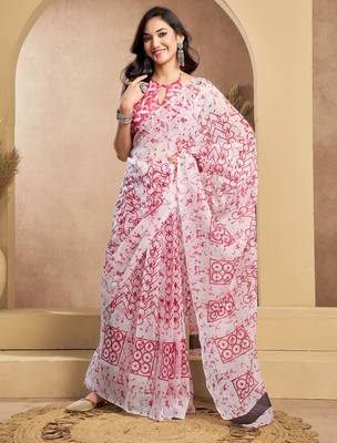 Pink & white linen abstract printed ready to wear saree 3