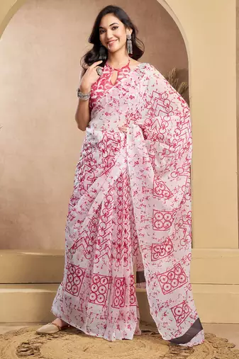 Pink & white linen abstract printed ready to wear saree