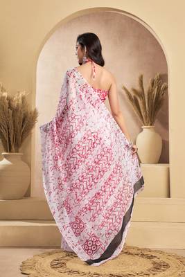 Pink & white linen abstract printed ready to wear saree 4