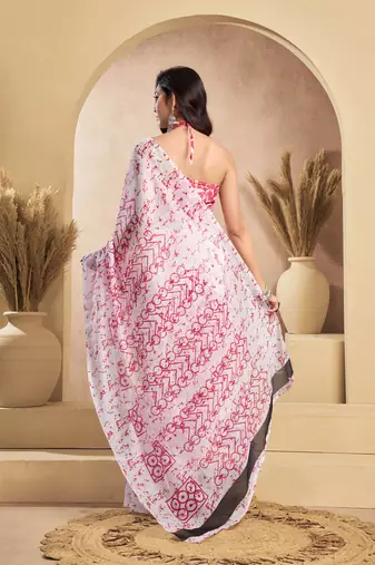 Pink & white linen abstract printed ready to wear saree