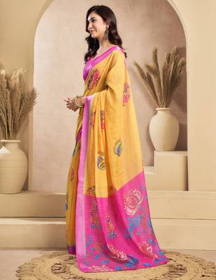 Yellow & pink linen floral   printed ready to wear saree 2