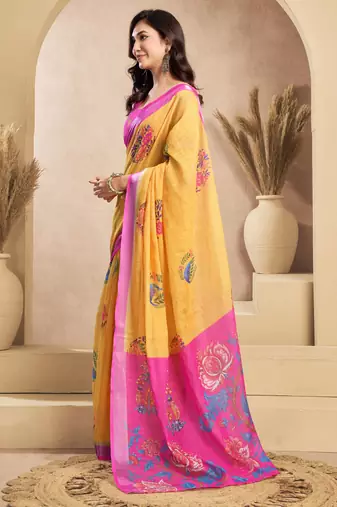 Yellow & pink linen floral   printed ready to wear saree