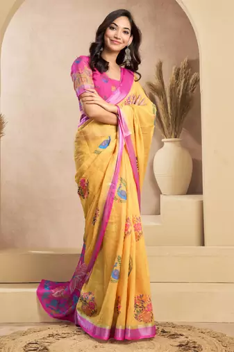 Yellow & pink linen floral   printed ready to wear saree