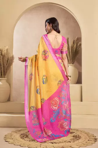 Yellow & pink linen floral   printed ready to wear saree
