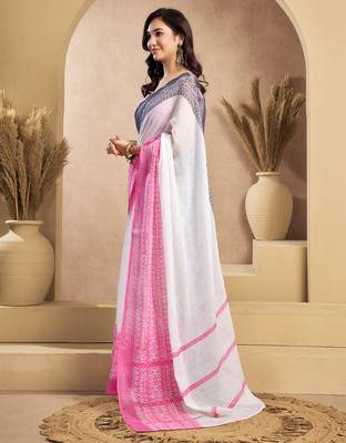 White linen plain printed ready to wear saree 2