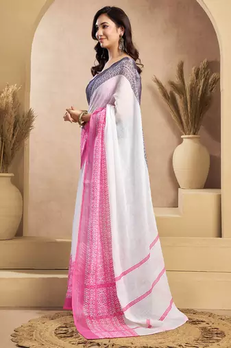 White linen plain printed ready to wear saree