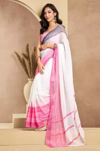 White linen plain printed ready to wear saree