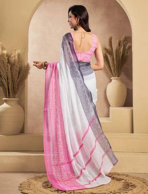 White linen plain printed ready to wear saree 4