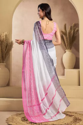 White linen plain printed ready to wear saree