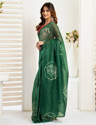 Green linen floral printed ready to wear saree 2