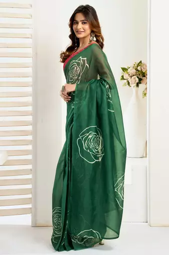Green linen floral printed ready to wear saree