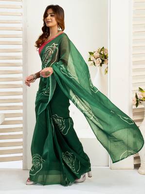 Green linen floral printed ready to wear saree 3