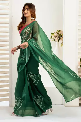 Green linen floral printed ready to wear saree