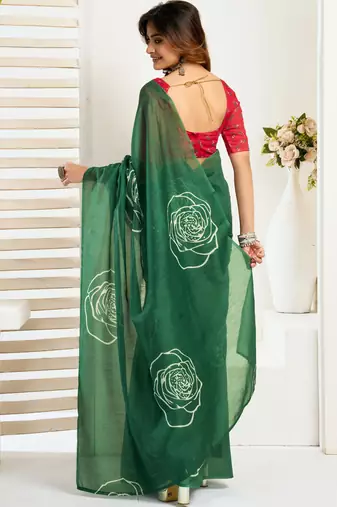 Green linen floral printed ready to wear saree