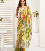 Yellow   linen floral & animal motifs printed ready to wear saree