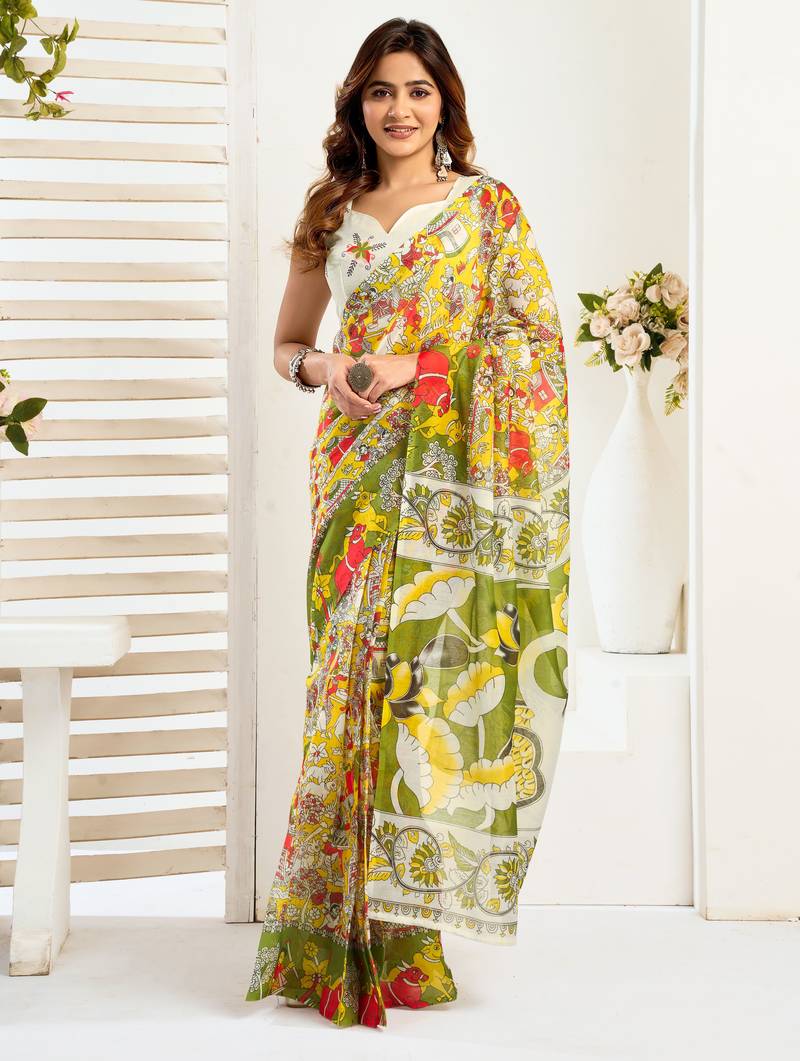 Yellow   linen floral & animal motifs printed ready to wear saree