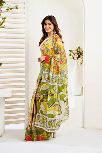 Yellow   linen floral & animal motifs printed ready to wear saree