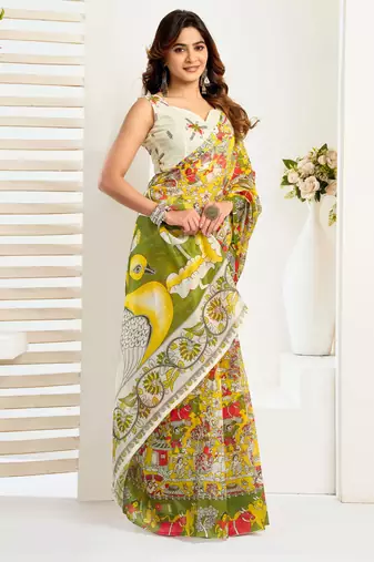 Yellow   linen floral & animal motifs printed ready to wear saree