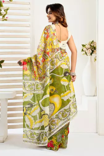 Yellow   linen floral & animal motifs printed ready to wear saree