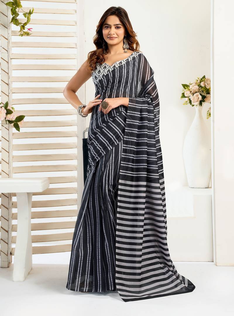 Black & white linen striped printed ready to wear saree