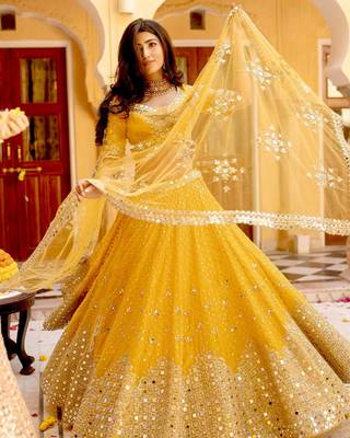 yellow georgette embroidered lehenga choli with dupatta 3