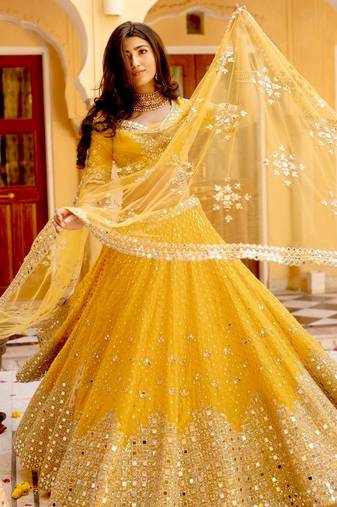 yellow georgette embroidered lehenga choli with dupatta