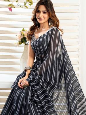 Black & white linen striped printed ready to wear saree 3