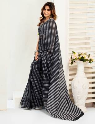 Black & white linen striped printed ready to wear saree 4