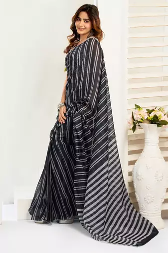 Black & white linen striped printed ready to wear saree
