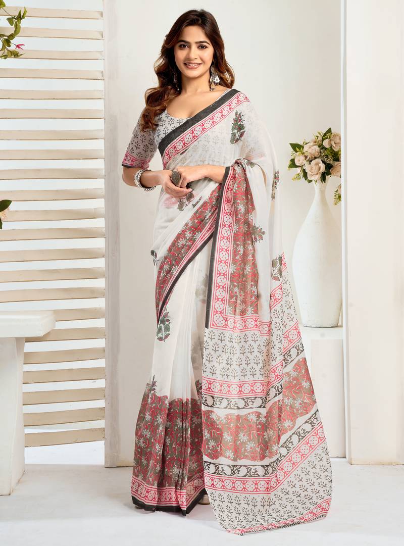 White linen floral  printed ready to wear saree