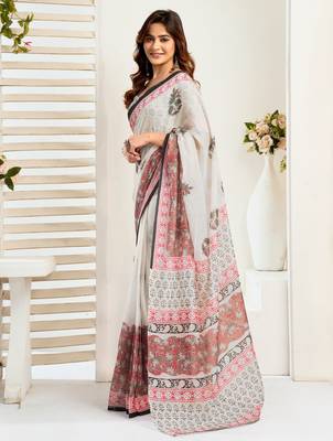 White linen floral  printed ready to wear saree 2