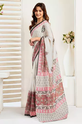 White linen floral  printed ready to wear saree