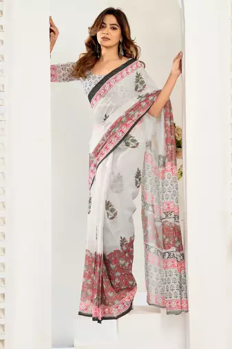 White linen floral  printed ready to wear saree